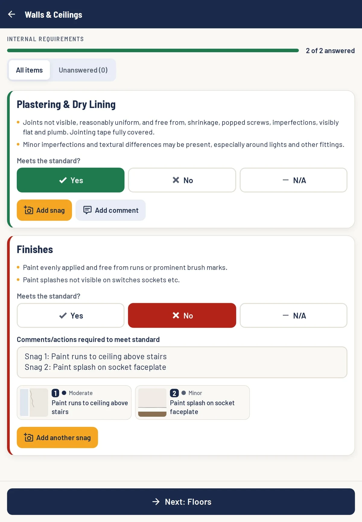 The NHQB checklist in SnagPad: Walls and Ceilings, with Plastering marked Yes and Finishes marked No with two snags