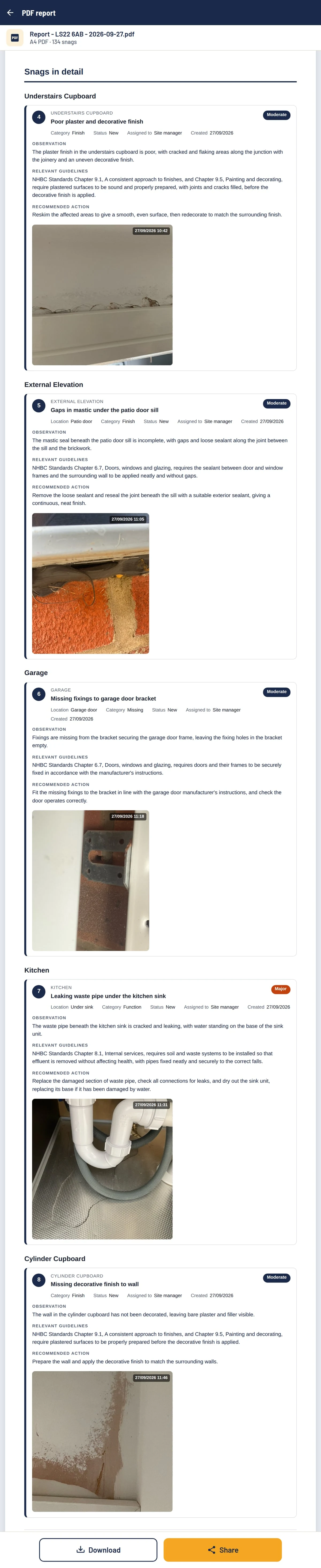 Snags in detail from the PDF report: snags 4 to 8, understairs cupboard finish, mastic under the patio door sill, garage door bracket fixings, cracked waste pipe under the kitchen sink and cylinder cupboard wall, each with its approved wording (observation, relevant guidelines and recommended action) and date-stamped photo