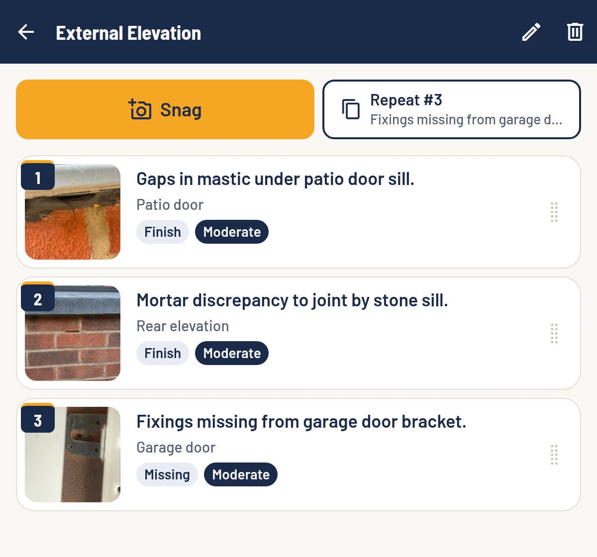 The external elevation in SnagPad with three numbered snags: gaps in mastic under the patio door sill, a mortar discrepancy to a joint by the stone sill, and fixings missing from the garage door bracket, each with a photo, category and severity, and a button to repeat the last snag