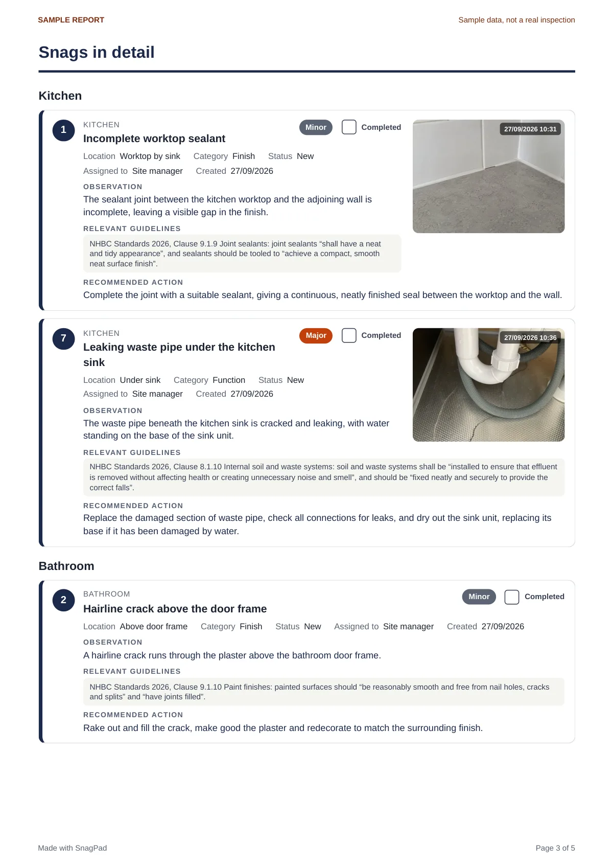 A page from a sample SnagPad report: numbered snags in the kitchen and bathroom, each with its location, observation, relevant guidelines quoted from the NHBC Standards, recommended action and date-stamped photo